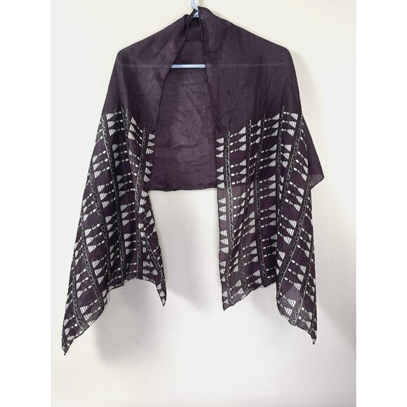 Womens Purple Silk Rectangle Blouse Wooden Doll Print Black White Geo Head Scarf - Picture 1 of 13